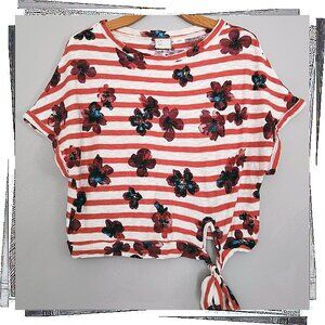 Red & White Striped Floral Crop Top w Front Tie (XS) by Postmark